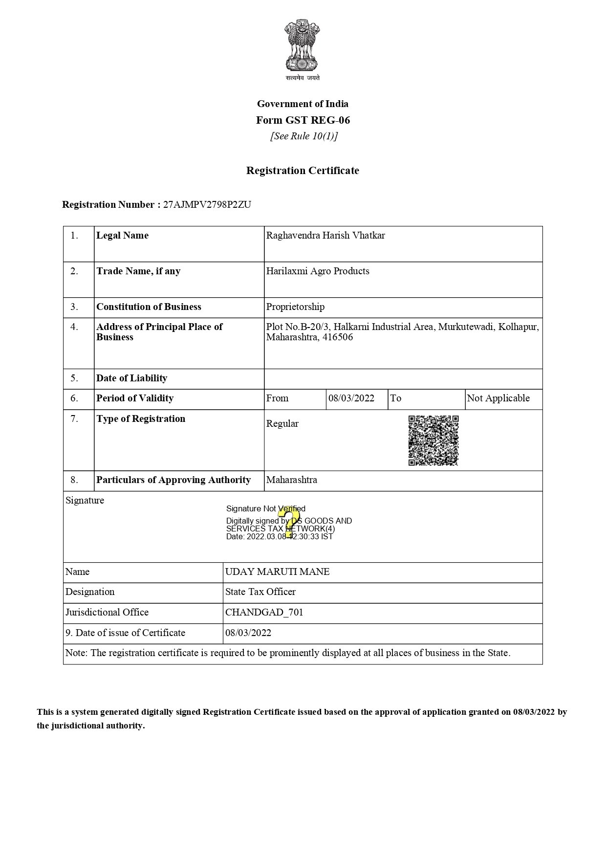 GST Registration certificate